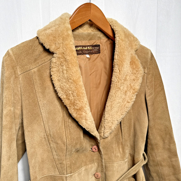 Vintage 1970s Split End Ltd Leather Jacket Women’s Medium Wool Trim Belted FLAWS - Picture 2 of 12